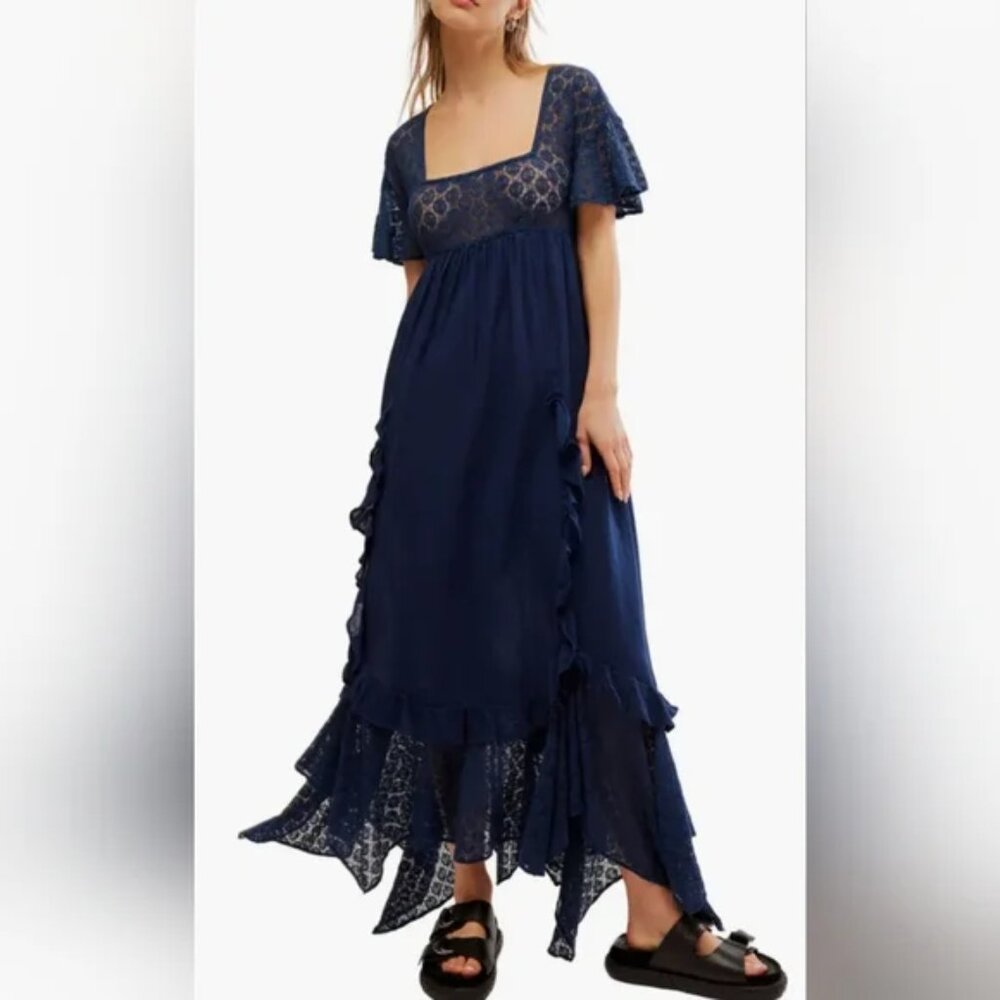 NWT FREE PEOPLE Bring The Romance Handkerchief Hem Maxi Dress In Navy Size S